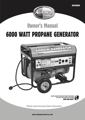 Owners Manual All-Power 6000-Watt Propane Portable Generator - Model APG3560CN - Image 1 of 4