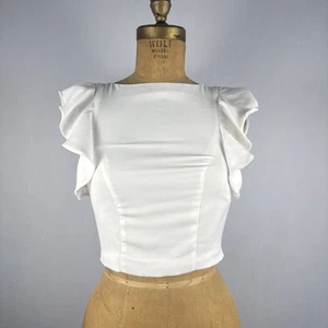 Kendall + Kylie White Ruffle Crop Top XS Fitted Satin Sleeveless Blouse Chic - Picture 1 of 8