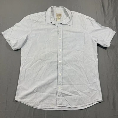 L.L.Bean Shirt Mens Medium White Blue Striped Organic Seersucker Slightly Fitted - Image 1 of 4