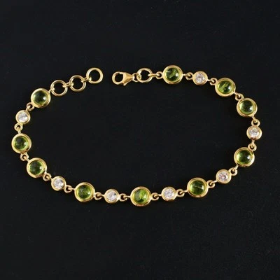 Natural Green Peridot Gemstone Sterling Silver Anniversary Link Bracelet Jewelry - Image 1 of 4