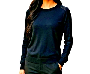 ST JOHN 4 6 Small Black Caviar Knit Pullover Sweater Top NEW Lace Floral Back S - Picture 1 of 10