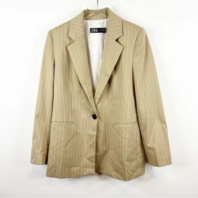 NEW ZARA Women Striped Oversized Menswear Inspired Blazer S Tan - Image 1 of 4