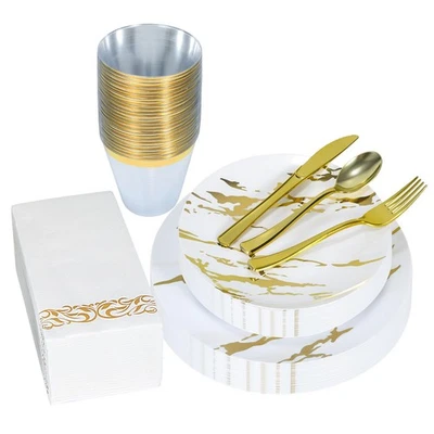 175pcs Gold Plastic Dinnerware Set – Elegant Disposable Plates, Cups, Utensil... - Image 1 of 4