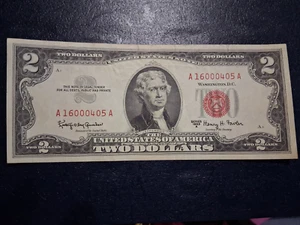 1963-A $2 Two Dollar Bill Red Seal United States 2 Notes VG/FINE FREE S/H - Picture 1 of 6