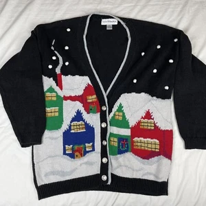 Norton McNaughton Christmas Sweater Women Size Large Black Village Vintage Stain - Picture 1 of 12