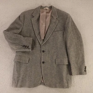 VTG Tweed Jacket L Gray Black Herringbone 100% Wool 1/4 Lined Blazer USA 44R - Picture 1 of 16