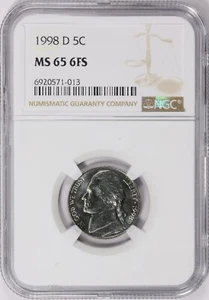 1998 D Jefferson Nickel NGC MS65 6FS - Picture 1 of 3