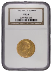 1856 Brazil 10000 Reis Gold Coin - NGC VF-35 - Picture 1 of 2