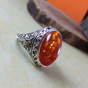 Solid 925 Sterling Silver Natural Baltic Amber Cab Gemstone Partywear Men's Ring - Picture 1 of 12