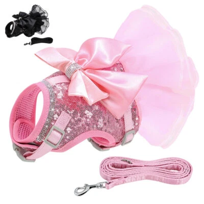 Dog Harness Dress and Lead Set for Small Girl Dogs Lace Skirt with Cute Bowknot  - Image 1 of 4