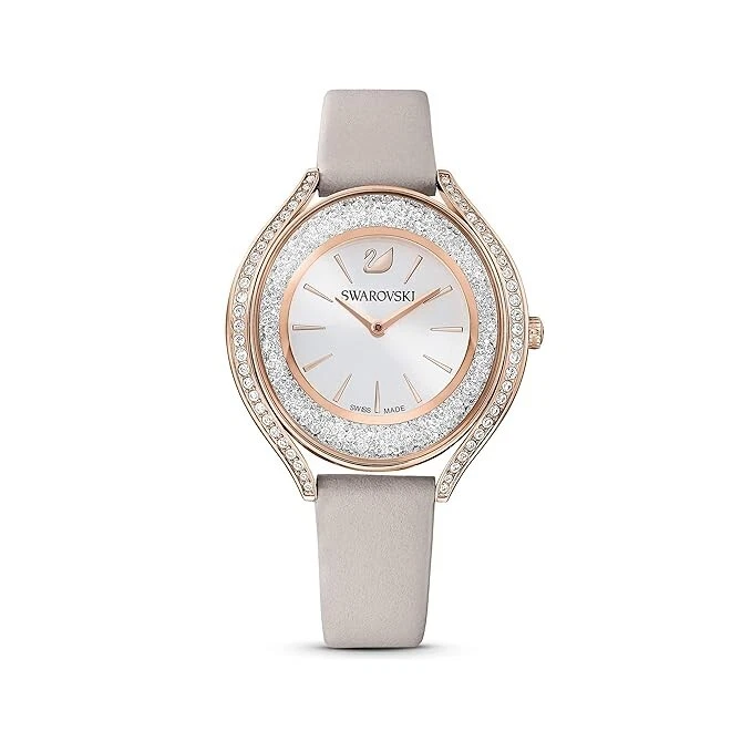 Swarovski Crystalline Aura Watch Leather Strap Gray Rose-gold Tone PVD