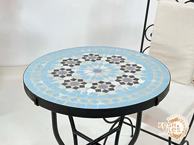 20INCH AMAZING ROUND MOSAIC TABLE, Moroccan Baby Blue Outdoor Coffee Tiles Table - Image 1 of 4