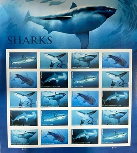 20 Forever Stamps - Sharks - U.S. Stamps - 1 Sheet with 20 Stamps - Picture 1 of 2