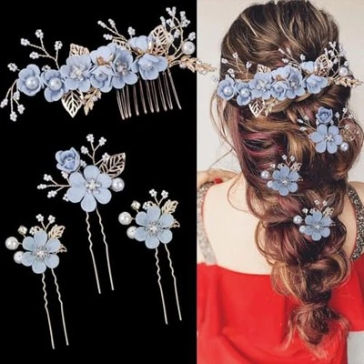 4 Pieces Bridal Flower Wedding Hair Comb Rhinestones Crystal Floral Hair Blue - Image 1 of 4