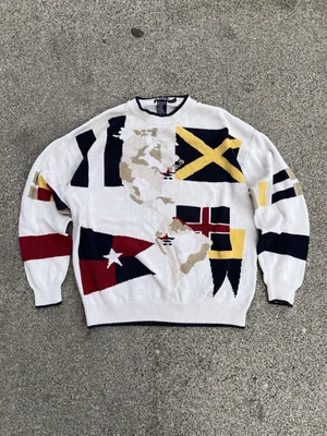 Náutica World Flags Pull Over Crewneck Sweater Mens Large White Vintage Preppy - Image 1 of 4