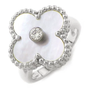 Anello Van Cleef & Arpels Vintage Alhambra Diamante Conchiglia Bianca 750WG #48 US4,5 - Foto 1 di 8
