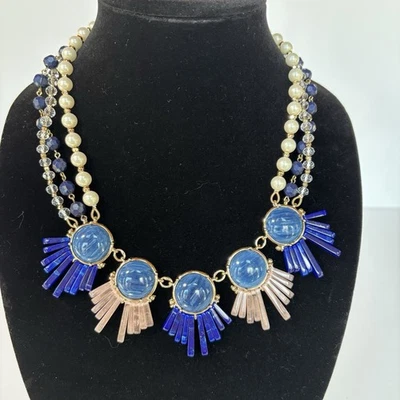 TALBOTS Blue Cabochon Triple Strand Faux Pearl Resin Faceted Crystal Necklace - Image 1 of 4