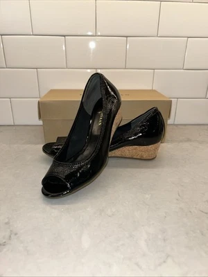 Cole Haan Womens Air Tali Peeptoe Wedge Pump Patent Leather Black Low Heel Sz 6 - Image 1 of 4