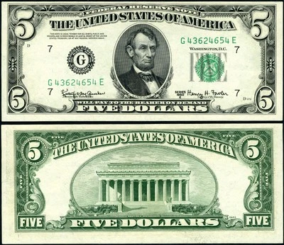 FR. 1966 G $5 1950-E Federal Reserve Note Chicago G-E Block AU+ - Image 1 of 3