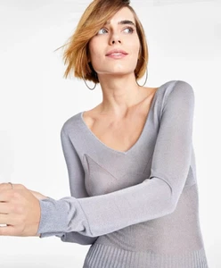 GUESS Fitted Long Sleeve Shimmer Knit Grey V Neck Lurex Top - Size S 8 NEW - Picture 1 of 16