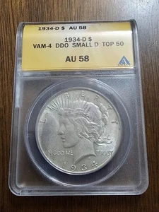 *Muy escaso* Dólar de plata Peace 1934-D VAM-4 ANACS AU 58 Top 50 raro VAM 4 - Imagen 1 de 4