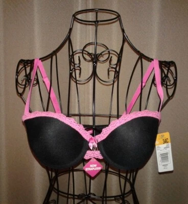 NUEVO CON ETIQUETAS • Sujetador convertible 34C sin tirantes Fruit of the Loom negro rosa pushup plunge Foto 1 de 4