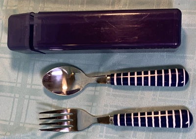 POTTERY BARN Kids Utensils & Carrying Case Set Spoon & Fork Striped NAVY BLUE - Image 1 of 3