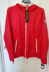 Guess Men's Red Hooded Windbreaker Rain Jacket NWT Size M Nautical Pockets Light - Picture 1 of 23