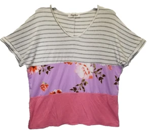 Haptics Womens SMALL Pink Purple Floral White Grey Striped Color Block Top - Picture 1 of 5