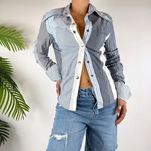 Vintage Y2K Blue Striped Patchwork Coastal Preppy Button Up Shirt / Size: M - Picture 1 of 7