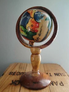 Folk Art Haitian Colorful Wooden Globe 11" Tall Souvenir Haiti Small World Globe - Picture 1 of 11