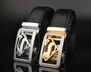 Luxury Men's Superman Automatic Buckle Belt Black Leather Ratchet Strap Jeans - Foto 1 di 8