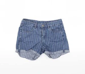 H&M Womens Blue Striped Cotton Blend Cut-Off Shorts Size 6 Regular - Picture 1 of 12