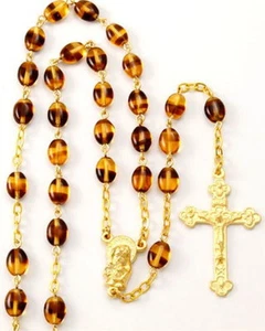 NEW MADE IN ITALY AMBER GLASS BEAD ROSARY GOLD FINISHED CRUCIFIX LINKS & CENTER - Picture 1 of 1