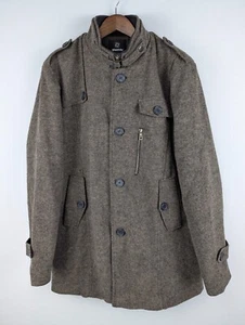 Wantdo Pea Coat Mens Large Brown Wool Blend Single Breasted Herringbone Jacket - Picture 1 of 16