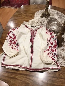Zara Peasent Cotton Linen Boho Red Embreoidery Tassels Sweater Top Sz XS - Picture 1 of 5
