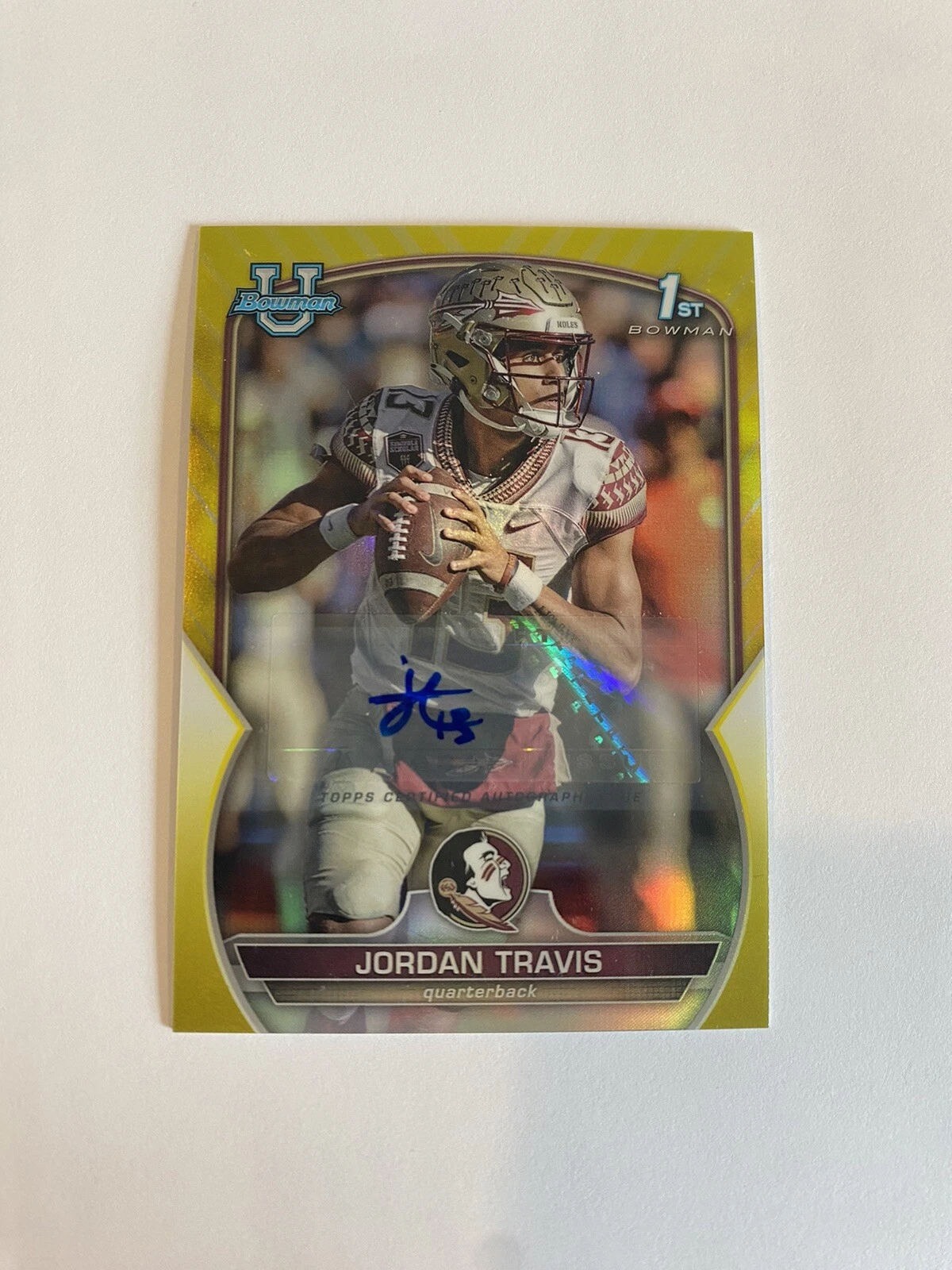 2022 Bowman University Chrome Jordan Travis Yellow Refractor 1st Auto #/75