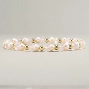 Rose Quartz Pearl Bracelet Micro-Faceted Gemstones 14k Gold Filled Beads Stretc - Picture 1 of 9