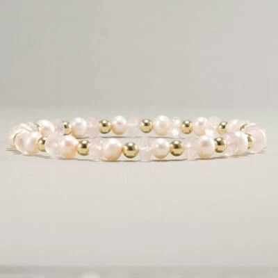 Brazalete de perlas de cuarzo rosa piedras preciosas microfacéticas cuentas rellenas de oro de 14 k elásticas Foto 1 de 4