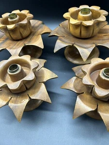 4 Vintage Mid Century POD Wood Lotus Flower Candle Holder Set Unusual Tiki - Picture 1 of 9
