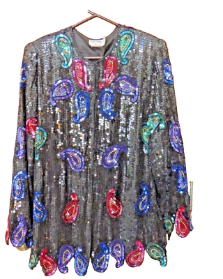 CHAQUETA DE SEDA PAISLEY NEGRA FIESTA CÁRDIGAN CUENTAS LENTEJUELAS MUJER PECHO GRANDE 42 ESCALA Foto 1 de 4