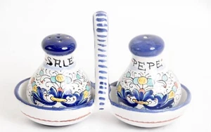 Salt Pepper Shaker Caddy Tray Set Assisi Italy Dipinto A Mano (Painted By Hand) - Picture 1 of 4
