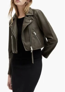 Neu mit Etikett $ 499 AllSaints Dalby kurze Leder-Bikerjacke in Asphaltgrün! - Bild 1 von 14