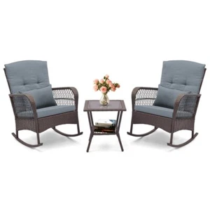 3PCS Rocking Chair Patio Outdoor Garden Bistro Set Rattan w/2-Tier Coffee Table - Picture 1 of 10