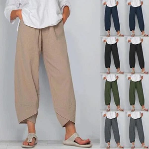 Womens Cotton Linen Harem Pants Wide Leg Casual Palazzo Hareem Leggings Trousers - Picture 1 of 20