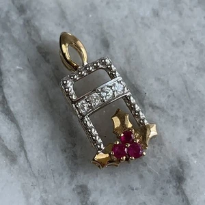 Ruby & White Topaz Christmas Holly Candle Pendant 10ct 10k 417 Yellow Gold - Picture 1 of 7