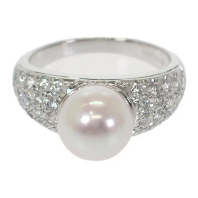 Anillo de diamantes con perlas Mikimoto Pt950 platino talla US 5,5 damas Isy *Cru1006 Foto 1 de 4
