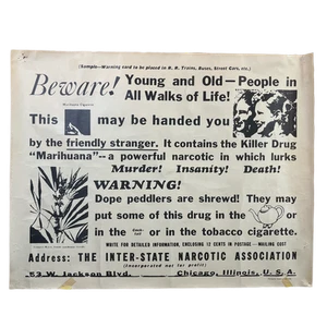 Vintage The Inter-state Narcotic Association "Marihuana" Chicago Poster - Picture 1 of 2