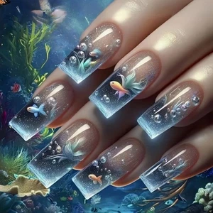 24Pcs Sea Inspired False Nail With Goldfish Design Long Lasting Nail Art - Picture 1 of 8