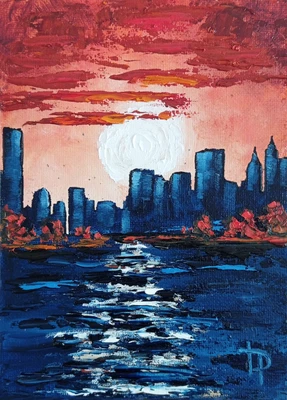 City Skyline Melts Into the Embrace of the Setting Sun Original Oil Painting 5x7 - Image 1 of 4
